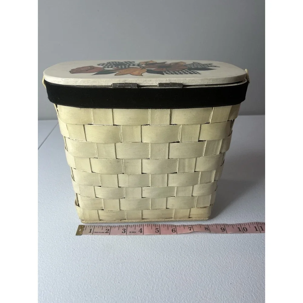 VTG Top Handle Wood‎ Basket Purse Floral Lid Woven Handbag Decoupage MCM